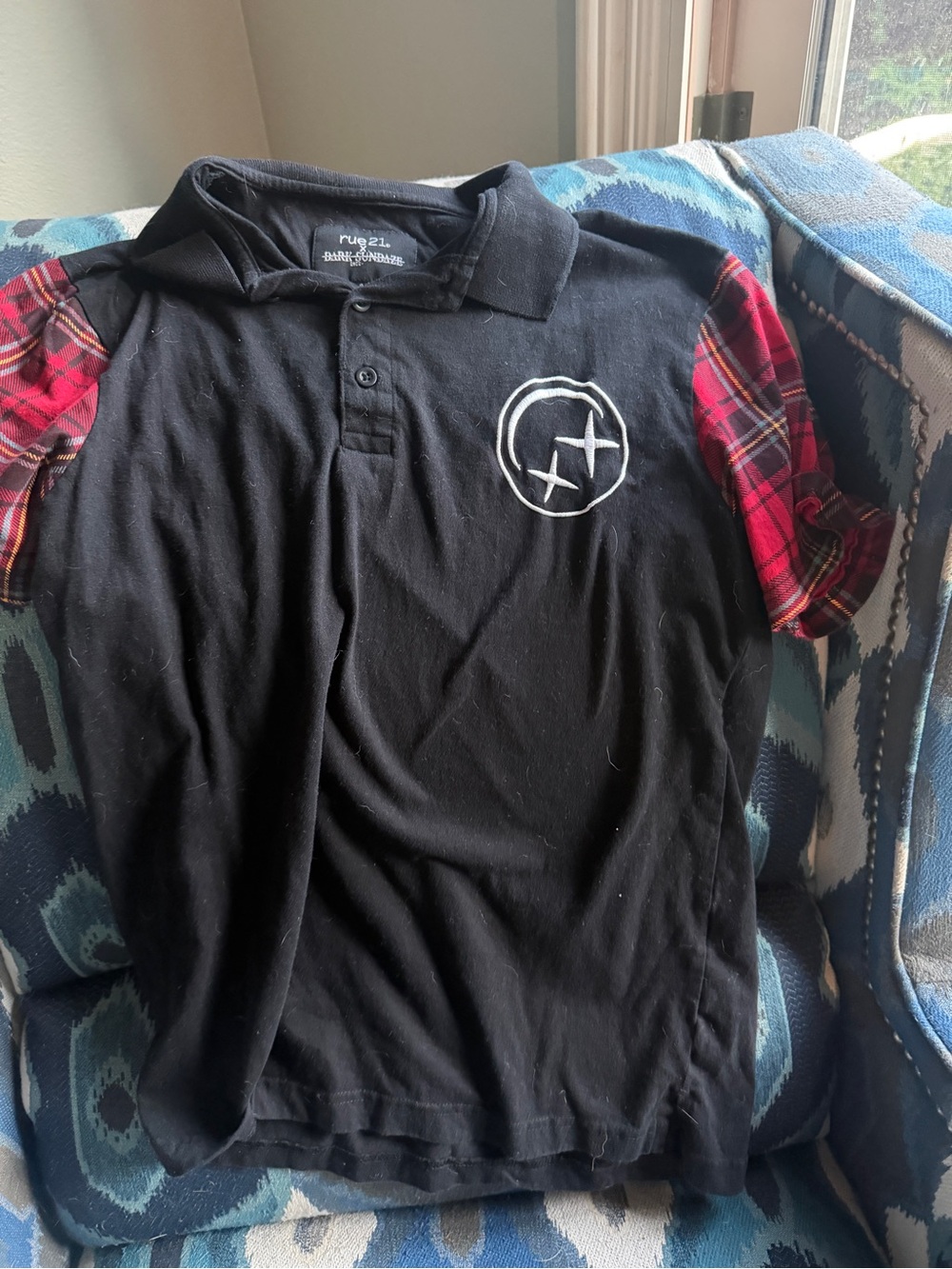 Rue21 Black Polo with Red Plaid Sleeves